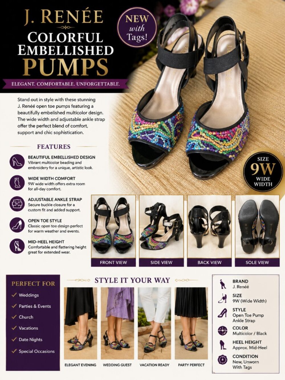 New J. Reneé Colorful Embellished Pumps Size 9W Wide Open Toe Ankle Strap Heels